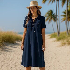 Chico's Navy Blue and Gold Hardware‎ Lace Up Short Sleeve Midi Shirt Dress 16/18